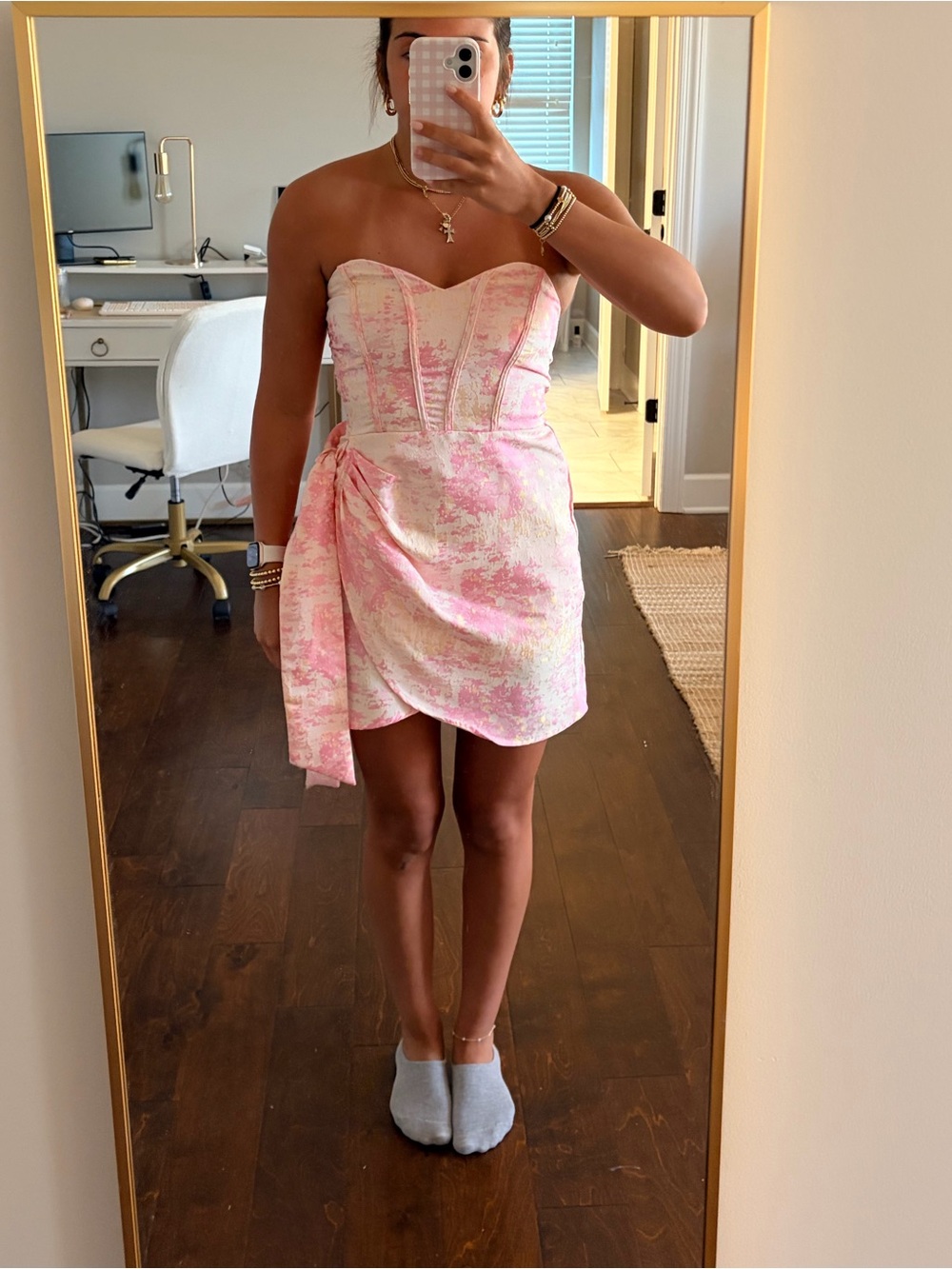 Strapless Pink and Cream Jacquard Mini Dress with Side Draped Tie